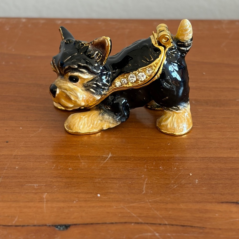 Yorkshire Terrier Yorkie Enamel Trinket Box Rhinestone Hinged Magnetic Figurine